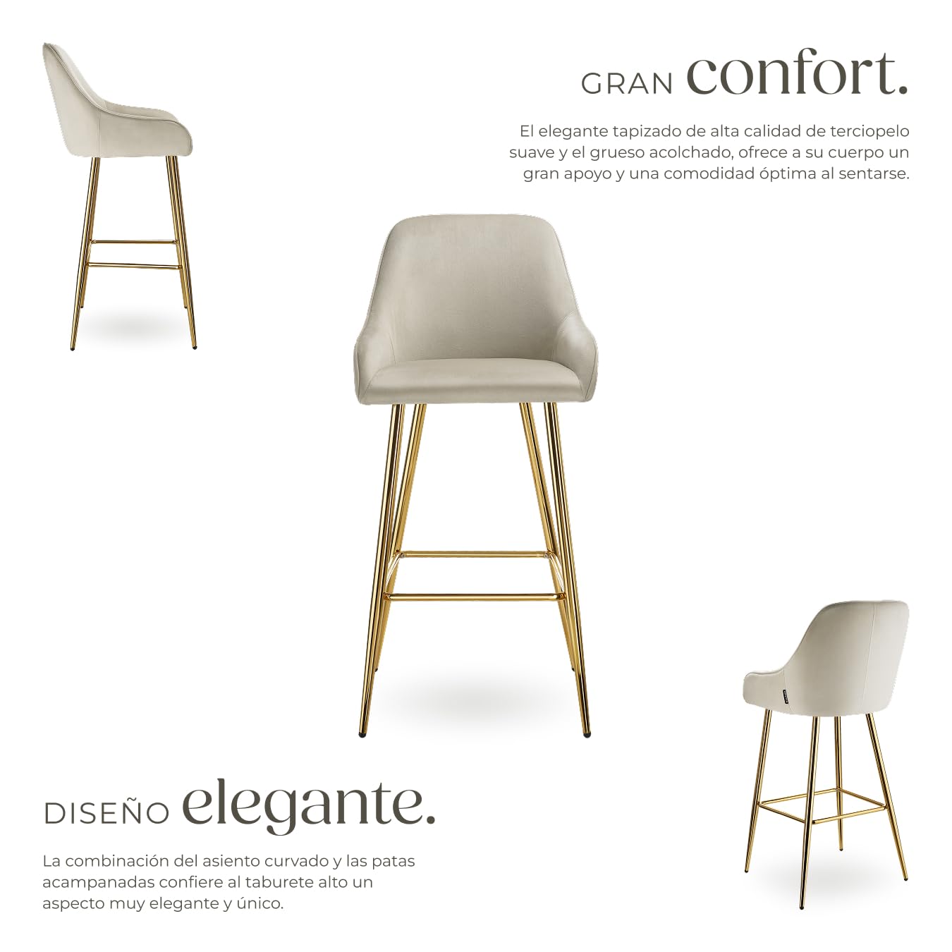 tectake® Taburete Alto con Respaldo, Acolchado, Terciopelo Suave, Patas Acero Galvanizado, Pies Antideslizantes, Altura Ajustable, Carga Máx: 120 kg, Silla Cocina o Bar - 2 sillas Crema/Oro
