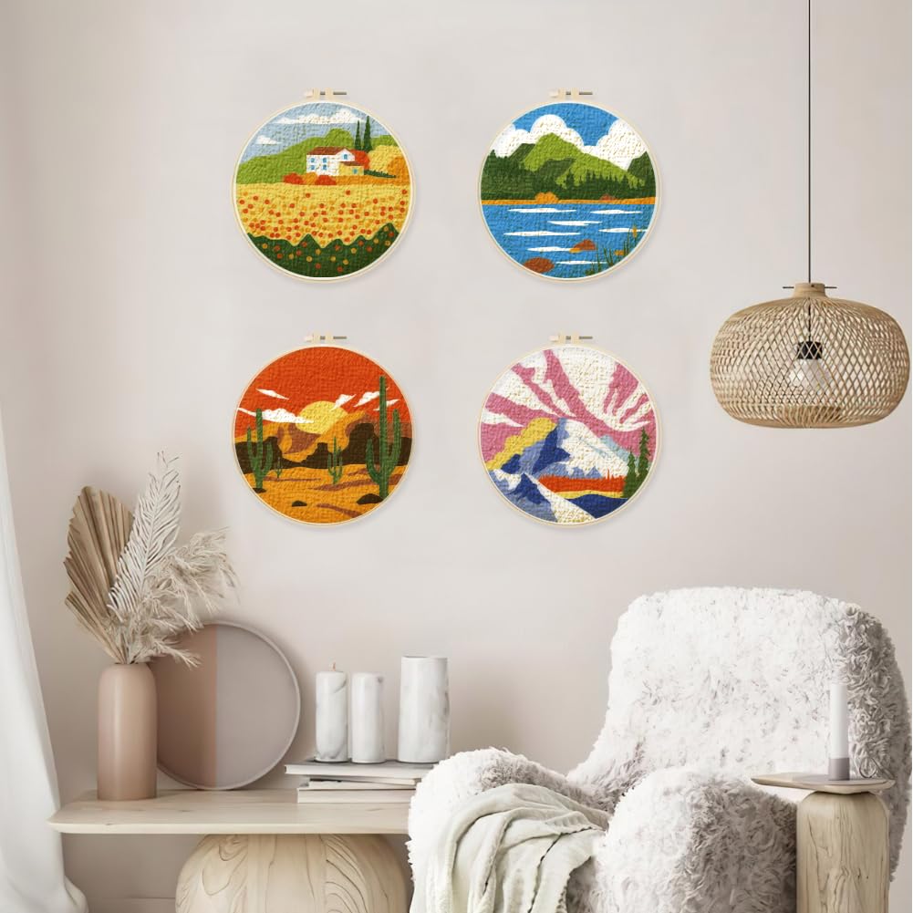 ORIGACH Kit de iniciación de bordado de paisaje de 4 piezas para principiantes, montaña, lago, desierto, paisaje rústico, kit de práctica de puntada que incluye paño de bordado, aros de bordado, hilos