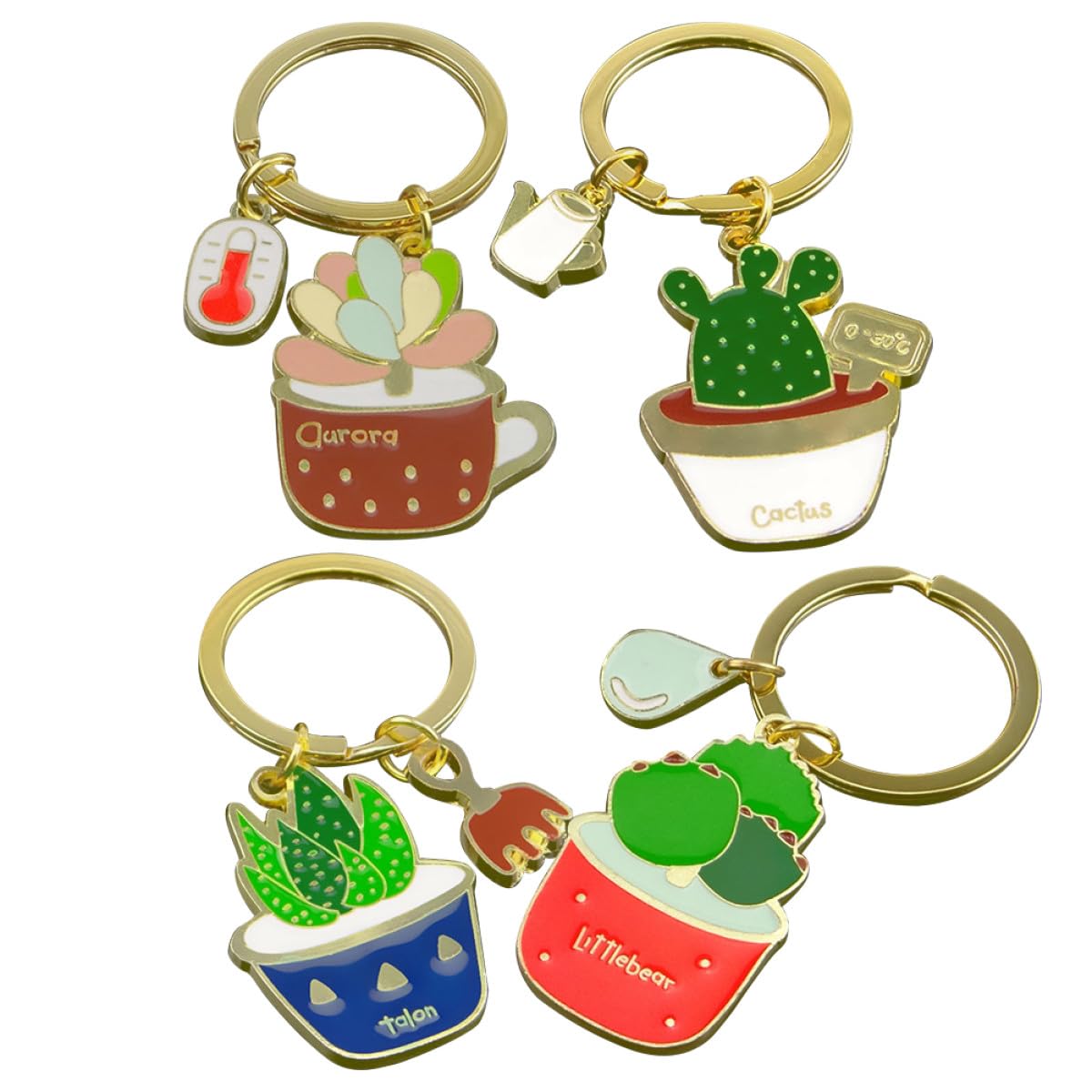 4pcs Stainless Steel Succulent Keychains Set Cute Small Cactus Key Rings Creative Key Holders for Women Decoration