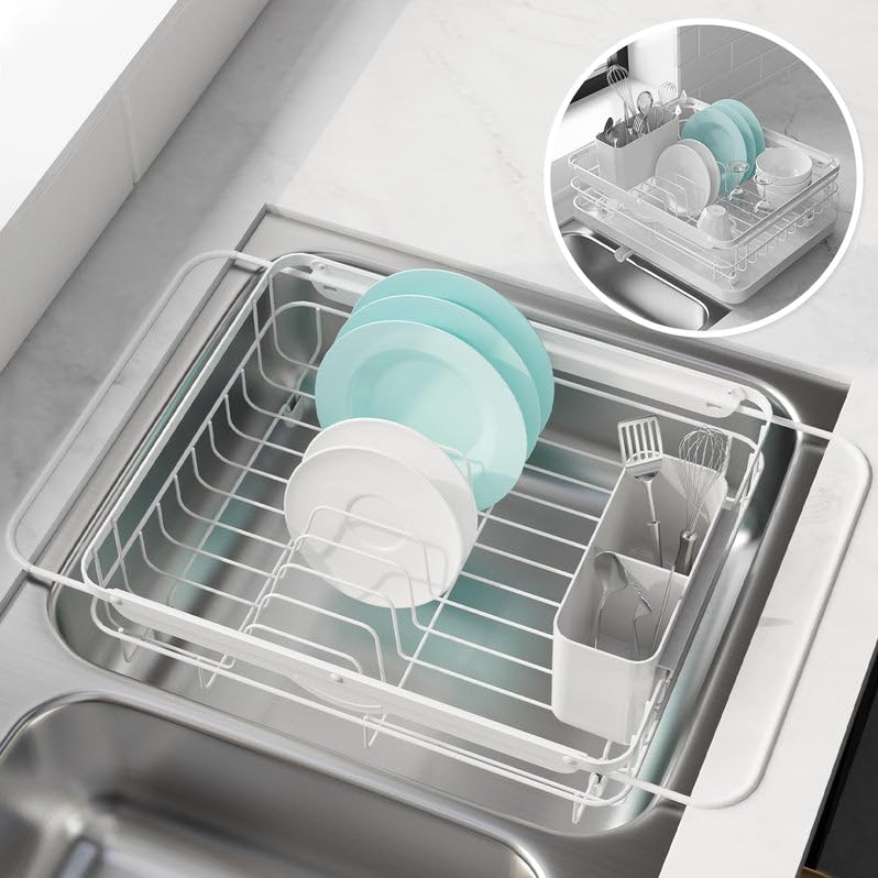 Kitsure Dish Drying Rack in Sink - Dual-Use Dish Rack for Countertops & Sinks, Stainless Steel Dish Rack for Kitchen Counter, Over The Sink Kitchen Drying Rack with a Draindboard, White