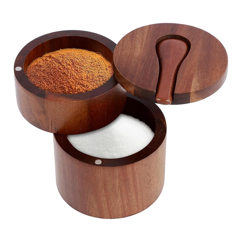 Sunmeit Wooden Salt Shaker, 2-Tier Spice Container, Small Wooden Box for Storing Salt, Spices, Herbs or Favorite Condiments