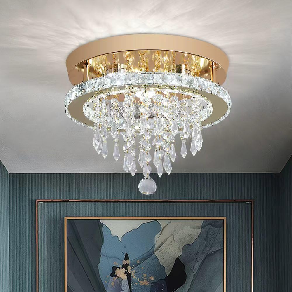 Deckrico Modern Gold Crystal Chandelier LED Ceiling Light Flush Mount Lighting Fixture for Bedroom, Hallway, Kitchen, Closet – Cool White — image 1