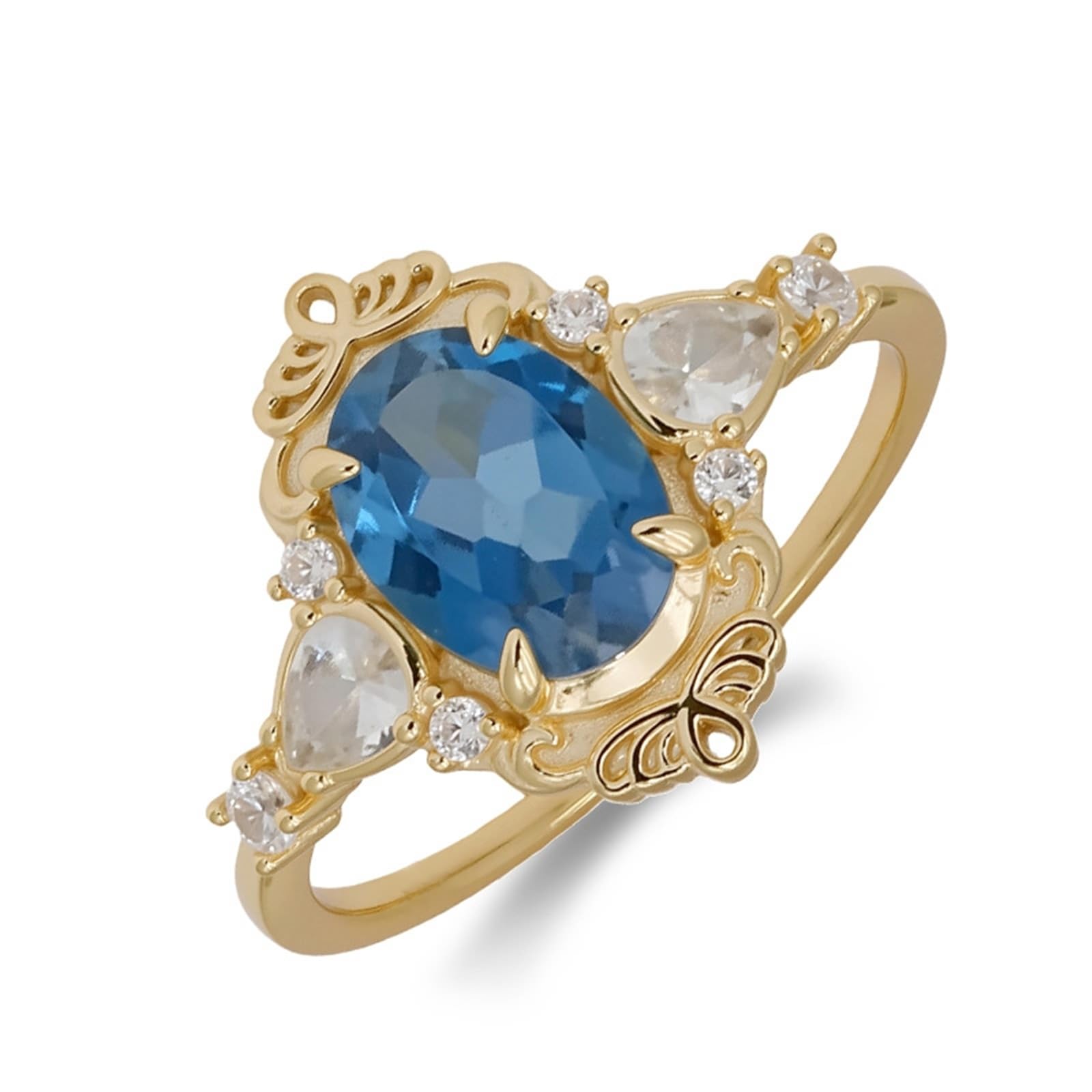 Par de anillos de oro 9 K/14 K/18 K con topacio azul ovalado en 4 garras retro