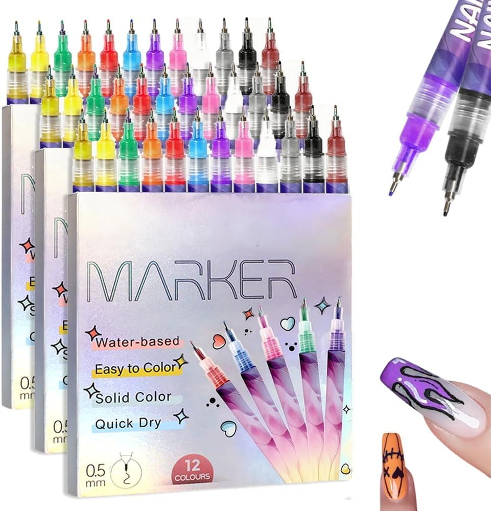 12 Colors Nail Art Marker Pens Set, Nail Polish Pens for Nail Art Design, 0.5mm Fine Tip Nail Art Pens for Drawing Lines & Details, Quick Dry Nail Art Markers for Home & Salon DIY Manicure (3pc)