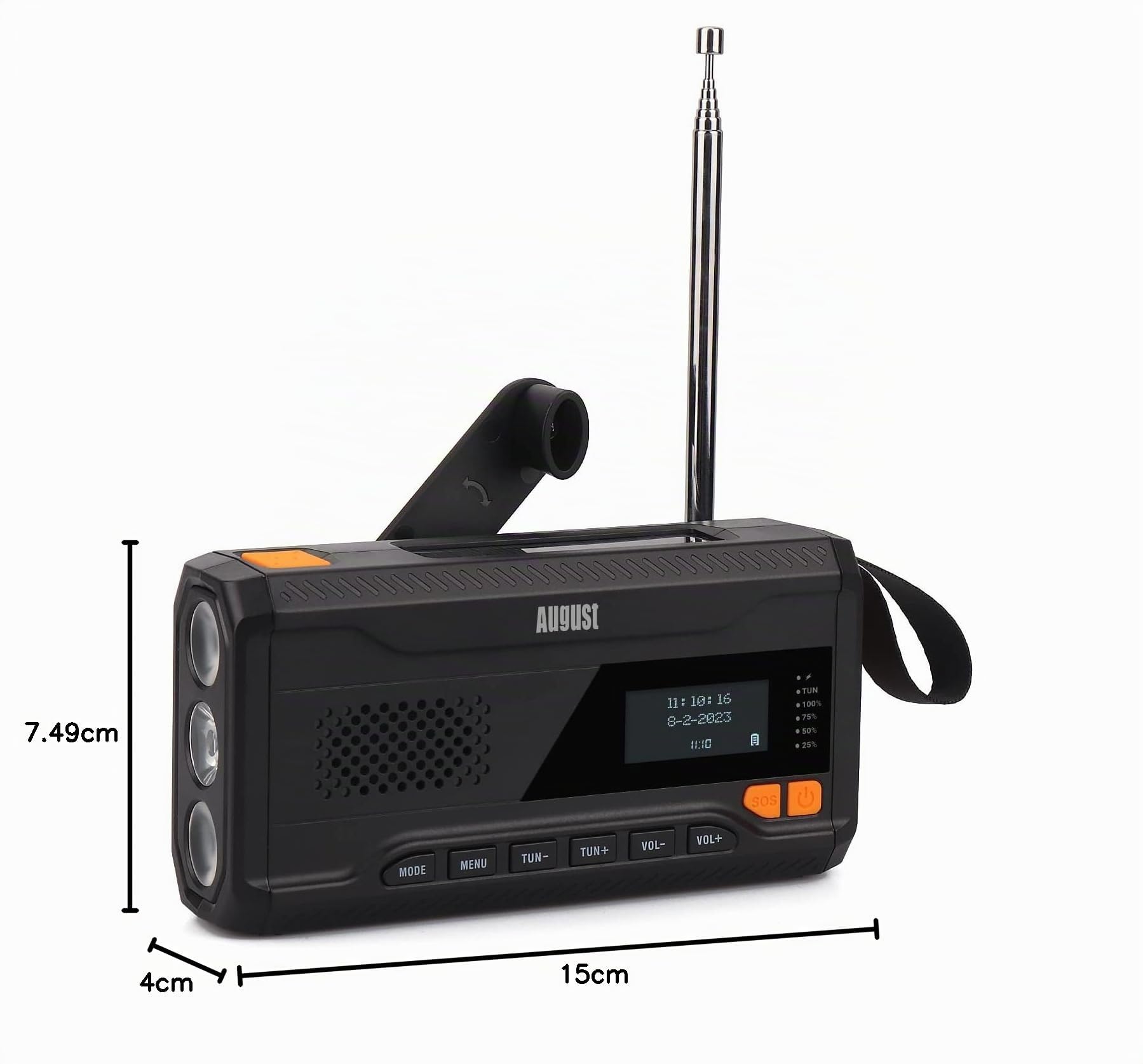 August MB290B Radio Emergencia de Cuerda con Bluetooth Camping o Pesca Recargable Banco de Energía Solar 4500mAh Portátil Dab/FM Radio, Bluetooth 5.0, 3.5mm - Manivela 3 Brillo Linterna - Negro