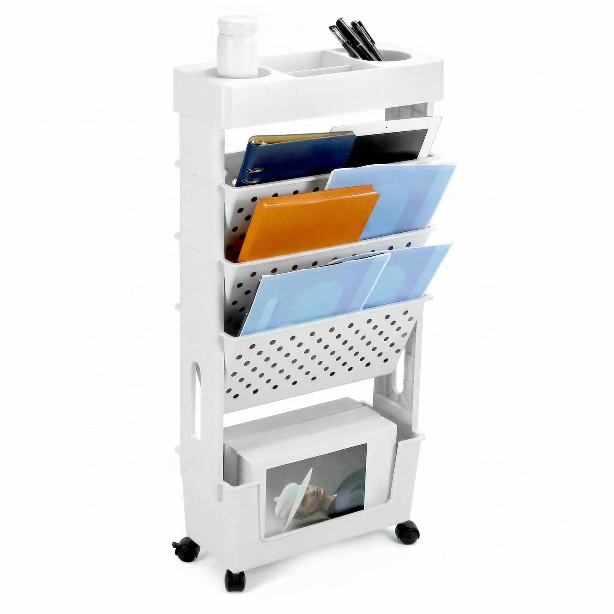 QWORK® Mobiler Bücherregal, weiß, Mobiler Aufbewahrungswagen mit Rollen, Multifunktionales Organisation Regal