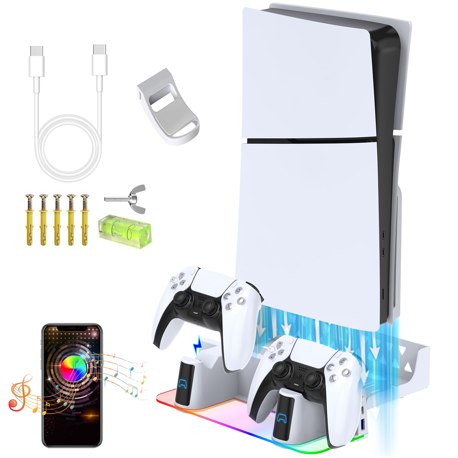 PS5/PS5 Slim/PS5 Pro Kit de Montaje en Pared con estación de Carga RGB LED para PS5 y PS5 Consolas Delgadas Disco y Digitales,Soporte de Pared de Acero,Colgador de Auriculares