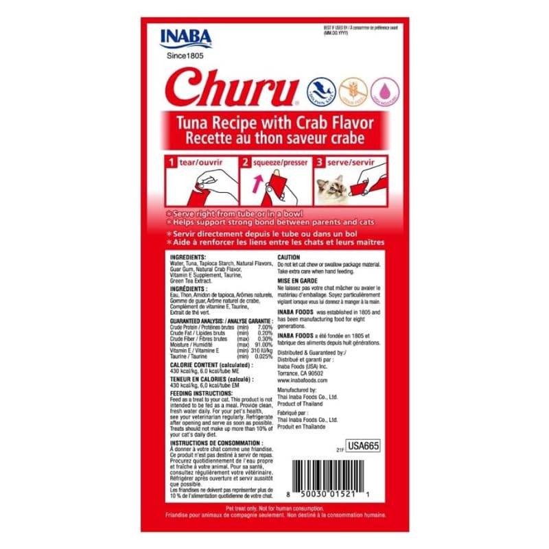 Image of INABA Churu Cat Treats, Grain-Free, Lickable, Squeezable Creamy Puree Cat Treat /Topper with Vitamin E & Taurine, 0.5 Ounces Each Tube, 24 Tubes (4 per Pack), Tuna with Crab Recipe