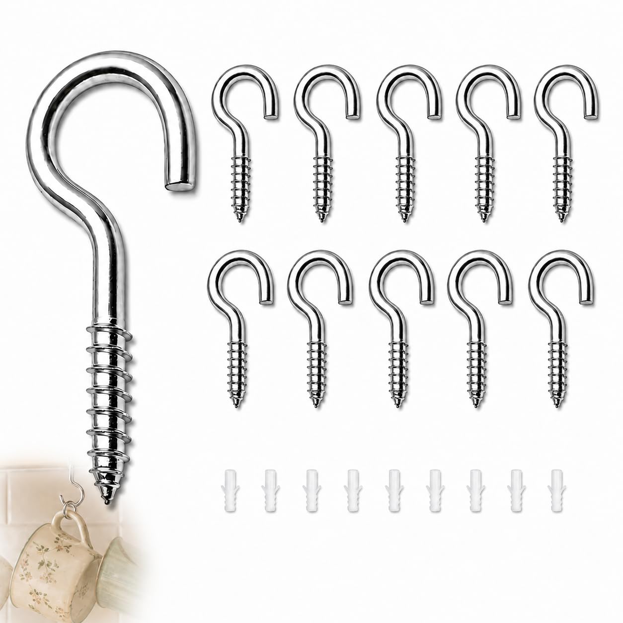 GUGUGO 20 Pack M5-65mm Screw Eyes with Wall Plugs, 304 Stainless Steel Screw in Hooks, Self Tapping Eye Hooks, Rust Resistant Eye Screws for Wood, Wall, Garden, Outdoor Hanging & DIY Projects — image 1