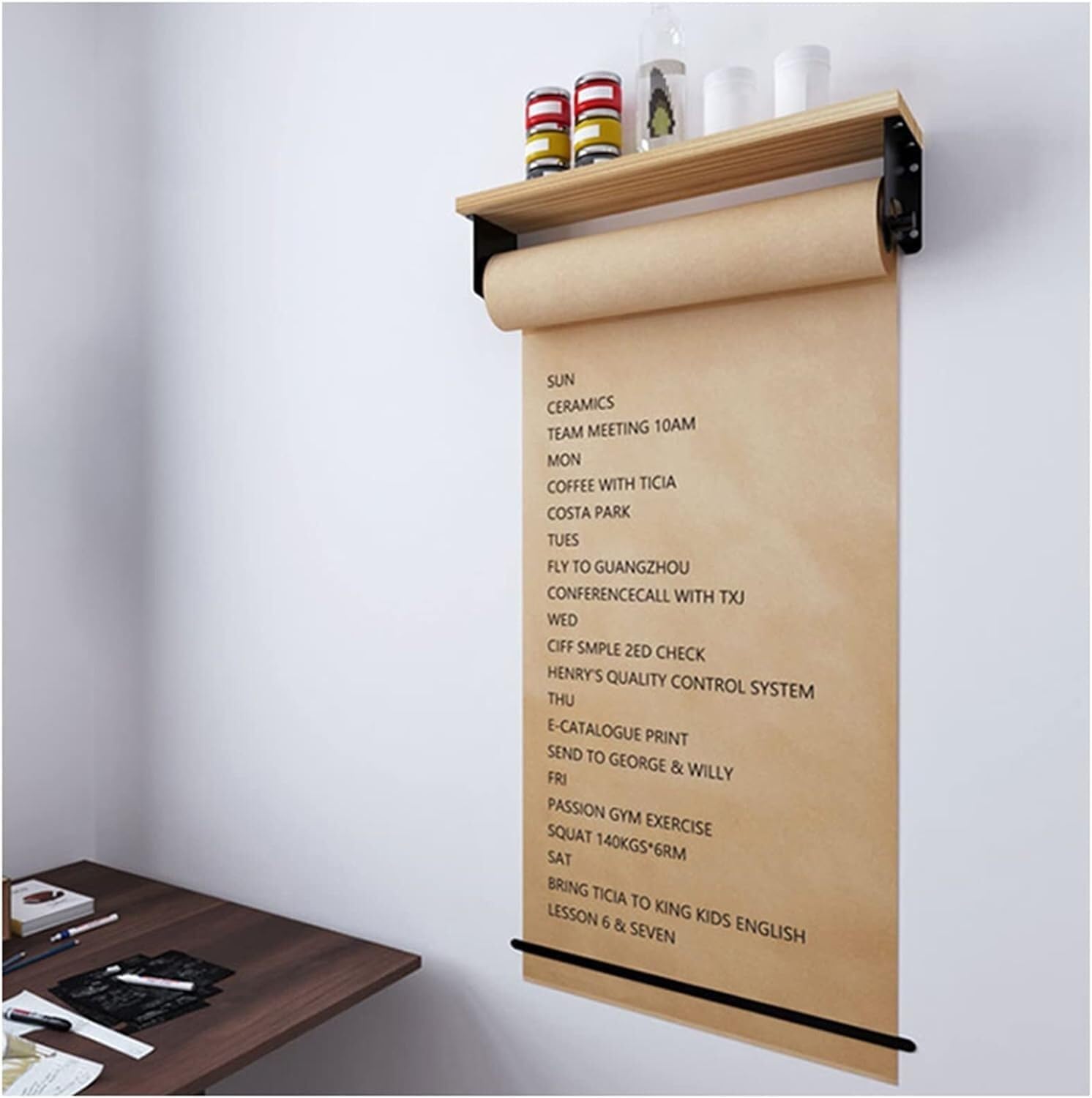 Biurowy uchwyt na rolkę papieru pakowego i dozownik z listwą tnącą i drewnianym stojakiem Tablica papierowa w rolce Tablica ogłoszeń Menu kawiarni Tablica ogłoszeń(15.7inch/40cm W)