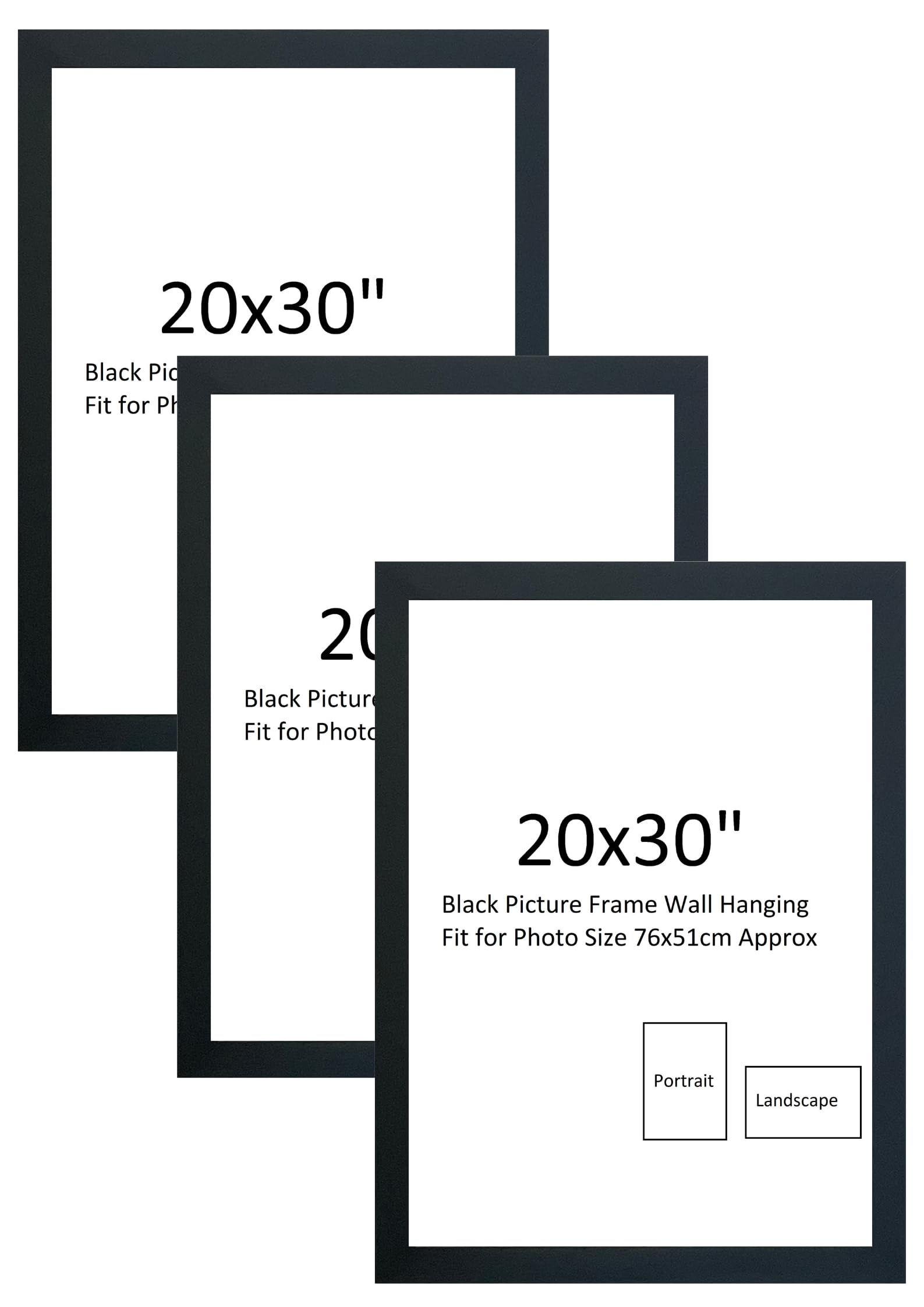 Pack of 3 Black Photo Frames, 20x30inch Black Picture Frame – 76.2 x 50.8 cm Wall-Mounted Poster Frame with Perspex Front, Landscape or Portrait Display