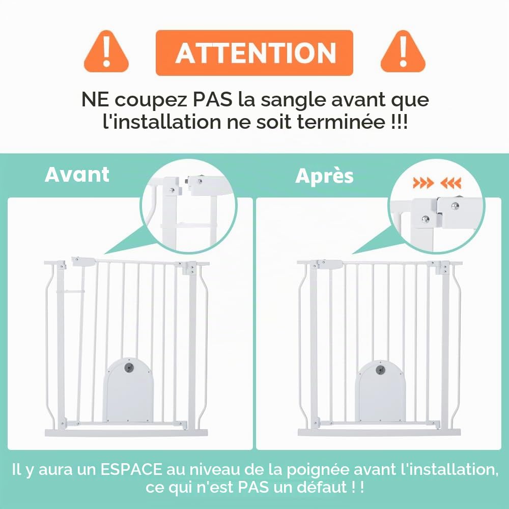 COMOMY Barriere de Securite Chien avec Porte Ajustable pour Chat, 75-123cm Barriere de Securite Enfant Extra Wide pour Escaliers et Portes, Barrière à Fermeture Automatique, 76cm de Haut (Blanc)