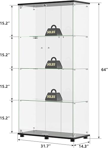 Miniatura 2 de ROOMTEC Vitrina de cristal con 4 estantes, puertas dobles, jaula de exhibición de pie, para sala de estar, dormitorio, oficina, 64.56 x 31.69 x