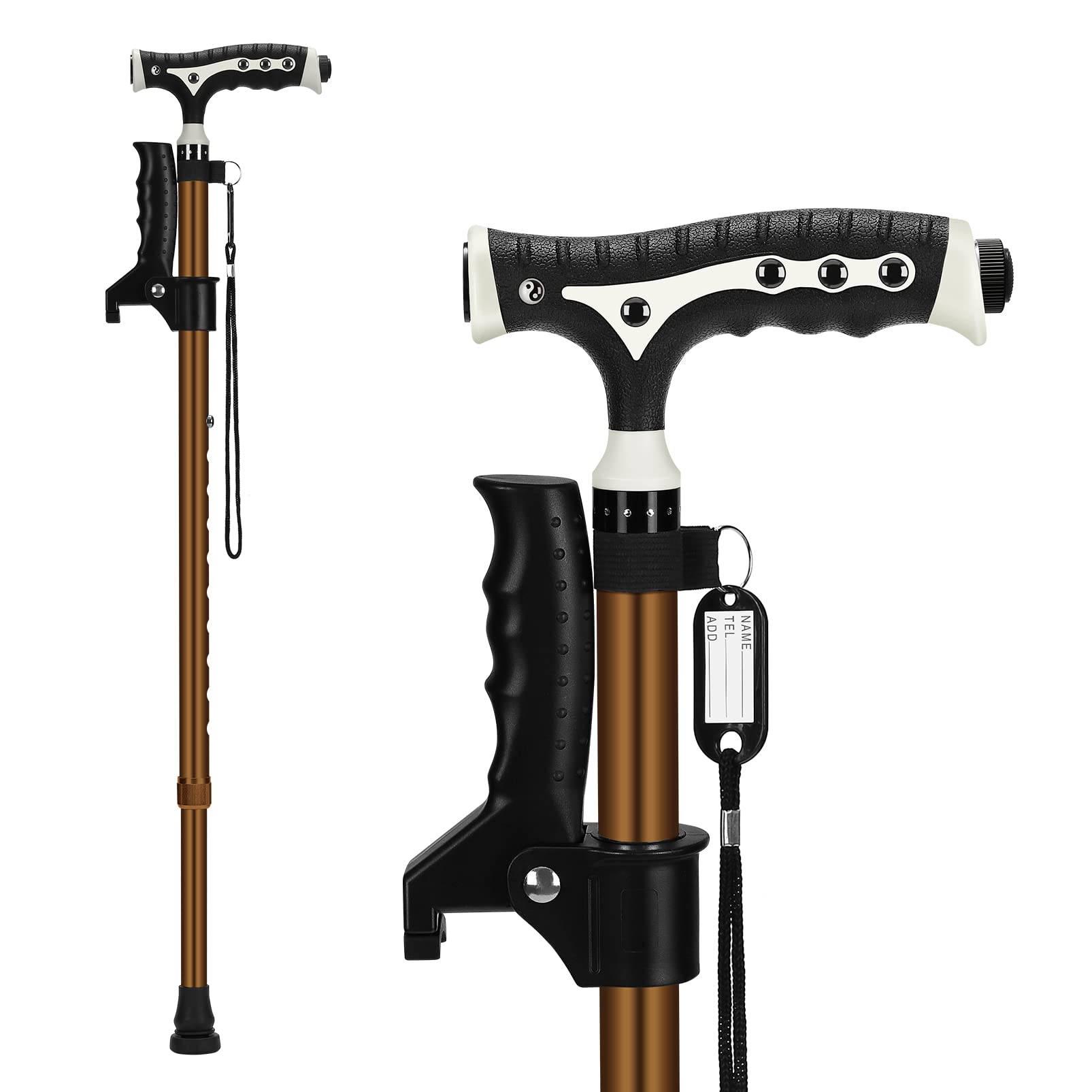 Hold 440 Lbs Walking Cane for Men & Women Aluminum Alloy Lightweight Height Adjustable Walking Stick Heavy Duty Foldbale Free Standing Cane with LED for Seniors Adults