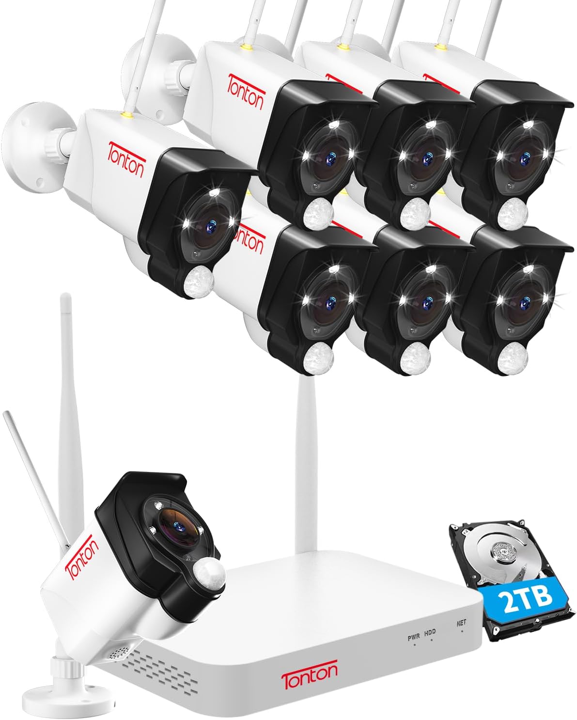 [Dual WiFi&2 Way Audio] Tonton Security Camera System Wireless,10CH 4K NVR with 2TB HDD,8PCS 3MP Outdoor Bullet Floodlight Cameras with PIR Sensor,AI Humanbody Detect,Color Night Vision,White(New)