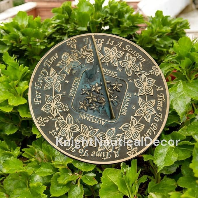 Season Cycle Sundial with Flowers - 10-Inch Solid Brass with Verdigris Highlights