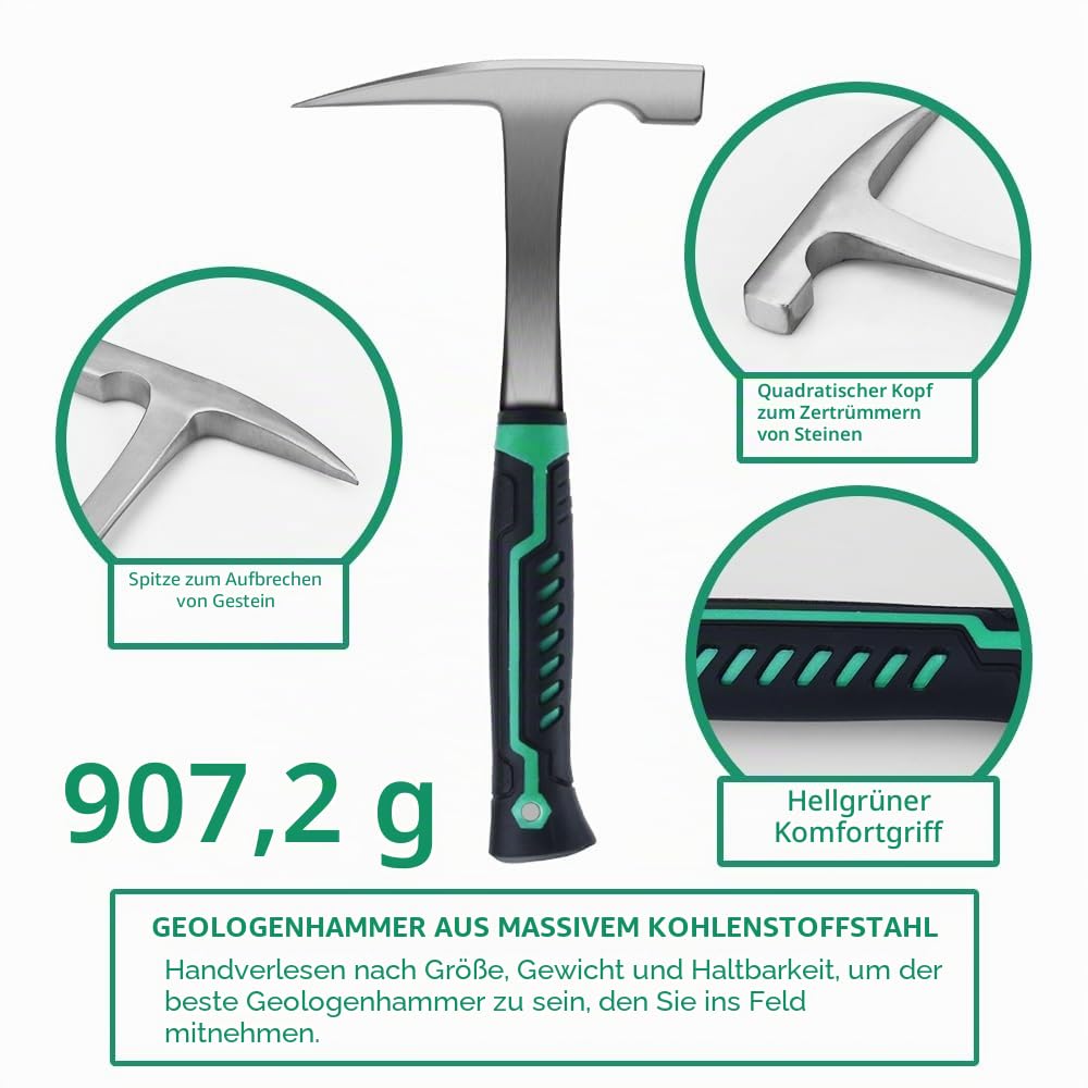 16-teiliges geologisches Steinhammer-Set, tragbares 907.2 g Hammer und Meißel Rucksack Set, geeignet für Felsjagd, Goldabbau, ideale Wahl für Anfänger und Enthusiasten