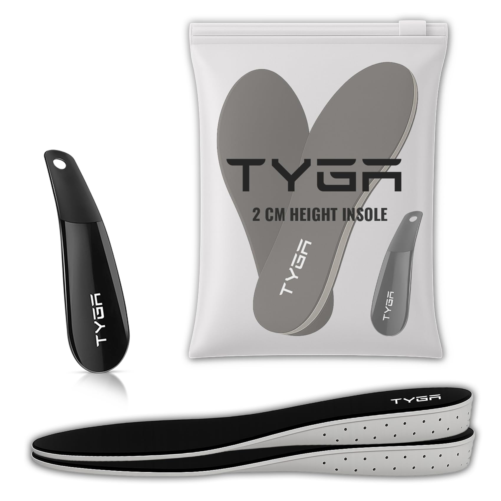 TYGA Shoe Insole Height Increasing, Soft Breathable Orthotic Sports Replacement Insoles for Men and Women + Free Shoe Horn (Size UK 3.5 - UK 9) (2CM)