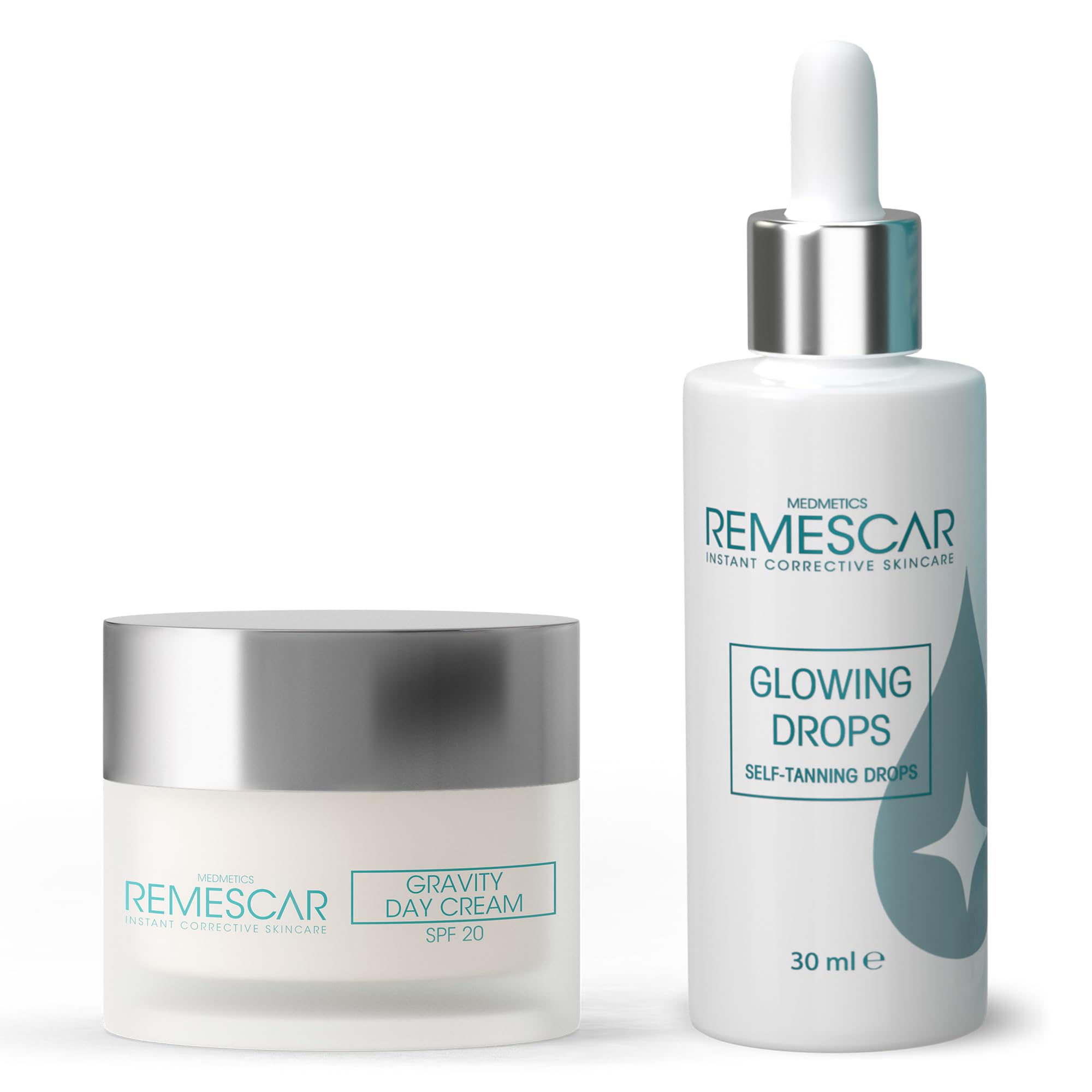 Remescar Gravity Crema de Día SPF20 + Glowing Drops – Hidratación y Glow Natural – Rutina Facial para Piel Firme y Luminosidad Efecto Bronceado