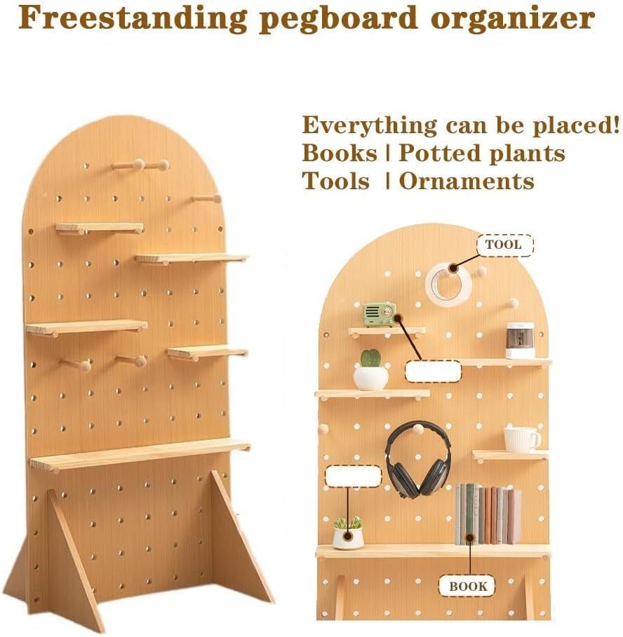 Natural Solid Wood Freestanding Pegboard Organizer - Versatile Craft & Office Storage Rack for Kitchen & Living Room, Compact Design (Small Size)