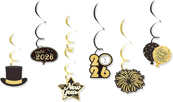 2026 Happy New Year Party Decoration, Black and Gold Decor New Years Day Gala Party and Hanging Ornaments Swirl
