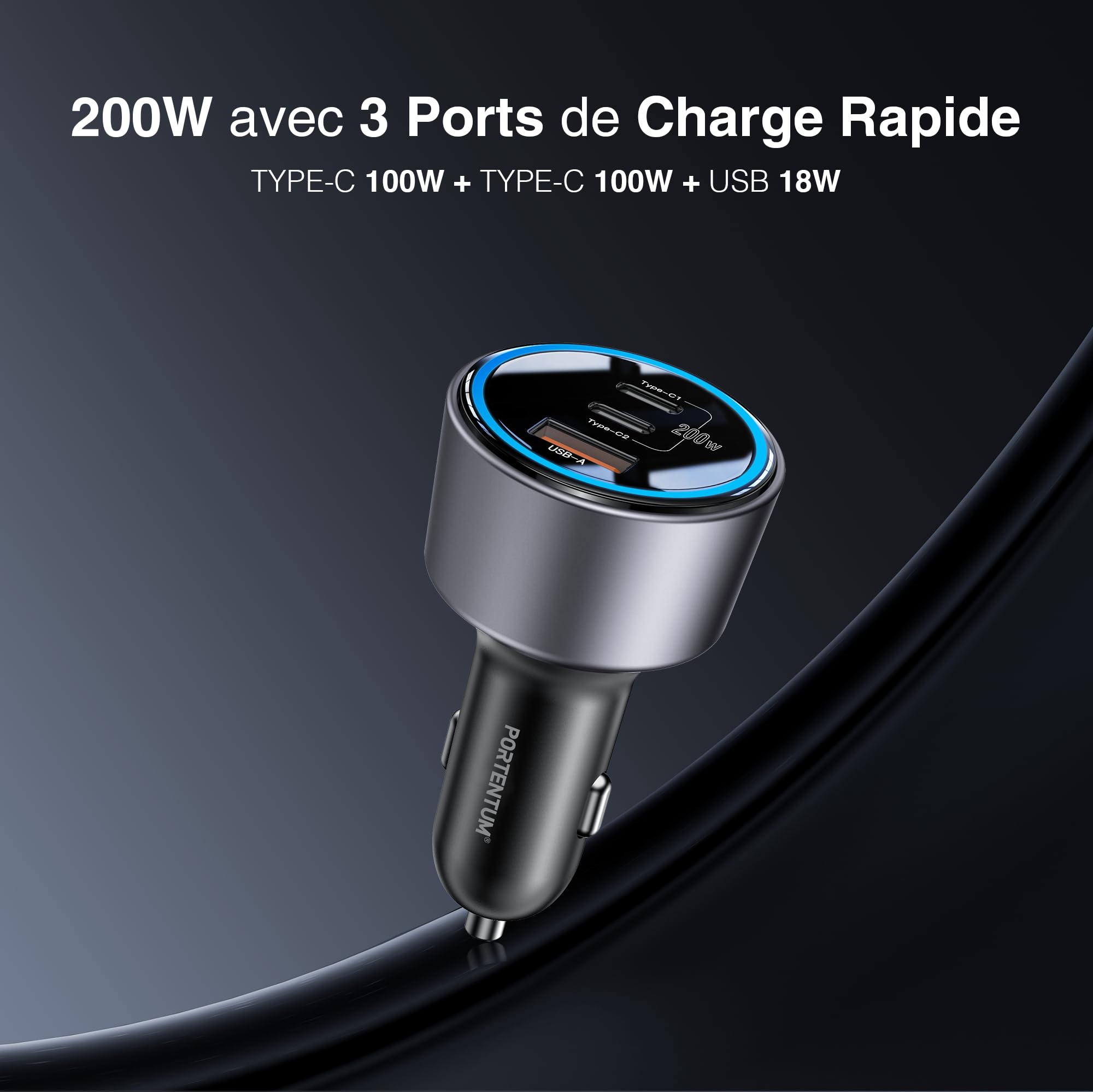 PORTENTUM Charger Allume Cigare USB C 200W Triple – Inclus Câble 100W USB-C – Charger Voiture – 2X USBC PD 100W + USBA QC 18W – Prise Allume Cigare 12V pour iPhone iPad MacBook Android