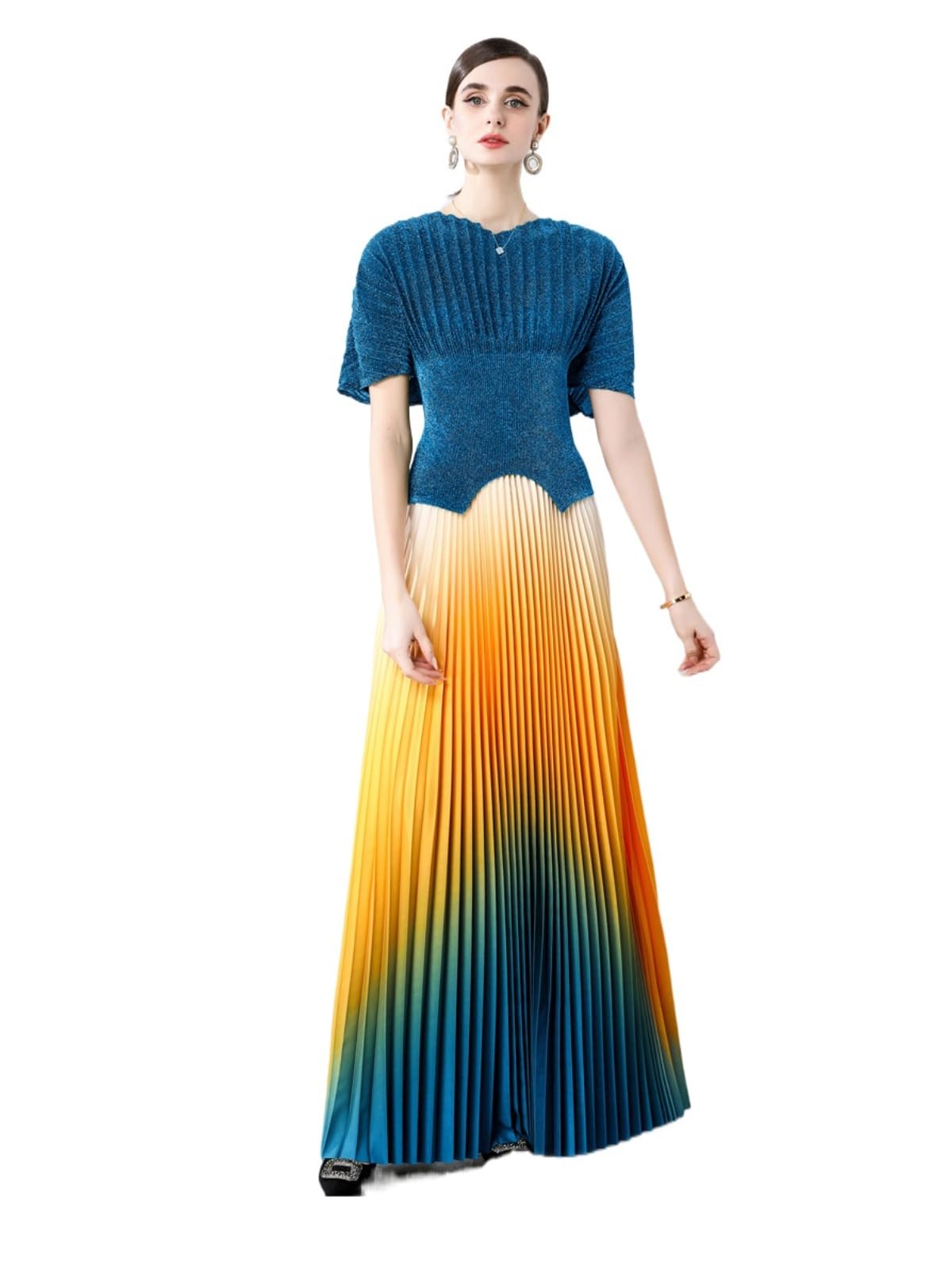 Spring Summer Slim Womens Fashion Gradient Pleated Suit with Skirt Two-Piece Set for a Trendy Look