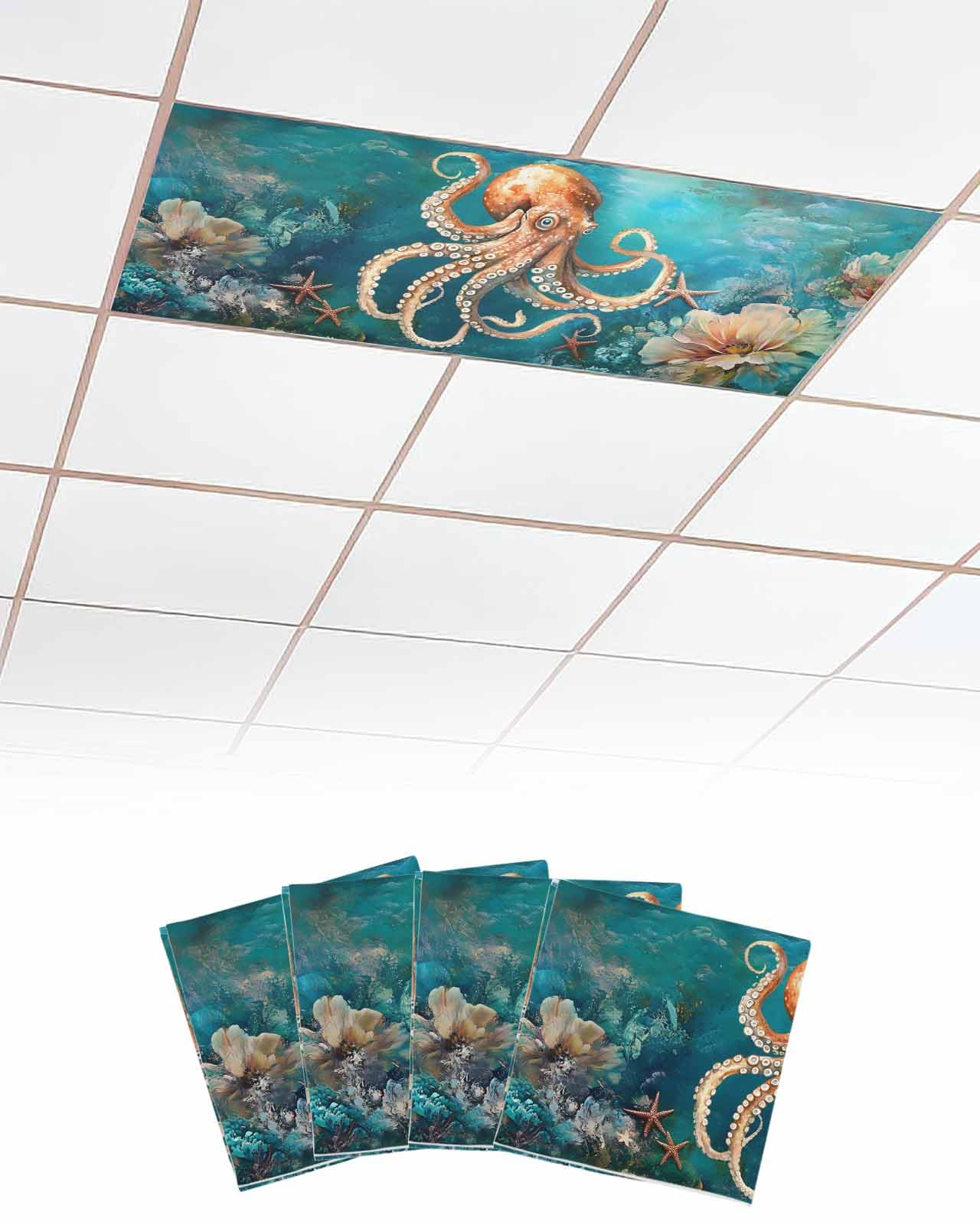 Octopus 4 Pcs Fluorescent Light Covers for Ceiling Lights, Ocean Floral Starfish Abstract Magnetic Light Filters for Eliminate Harsh Glare Classroom Office Decoration, 4 x 2 Ft