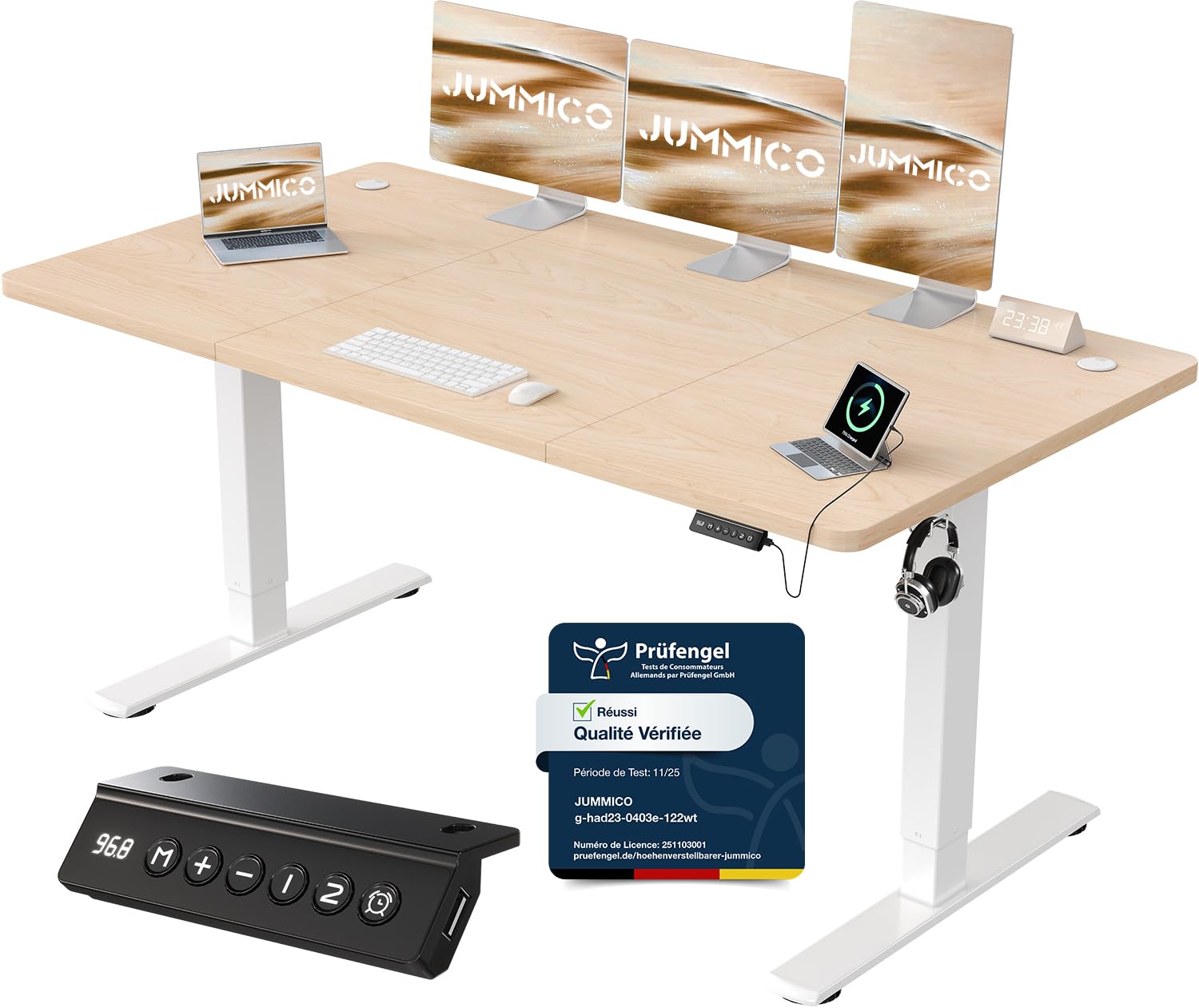 JUMMICO Bureau Assis Debout Électrique avec USB, 160 x 70 cm, Bureau Ordinateur Réglable en Hauteur avec Mémoire, Standing Desk Ergonomique pour Bureau et Télétravail, Beige