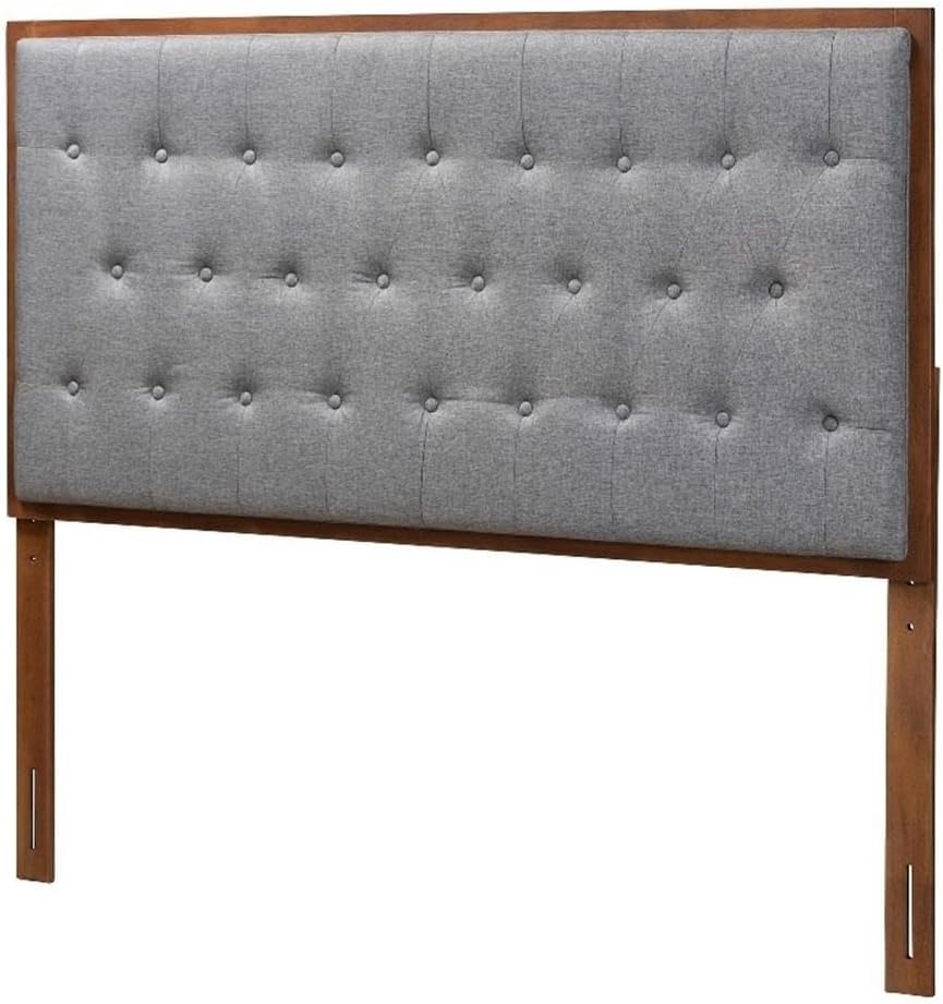 Pemberly Row King Size Headboard, Gray Fabric and Walnut Brown Wood, Button-Tufted Design, Adjustable Height Rubberwood Frame, Foam Upholstered Traditional Bedroom Headboard