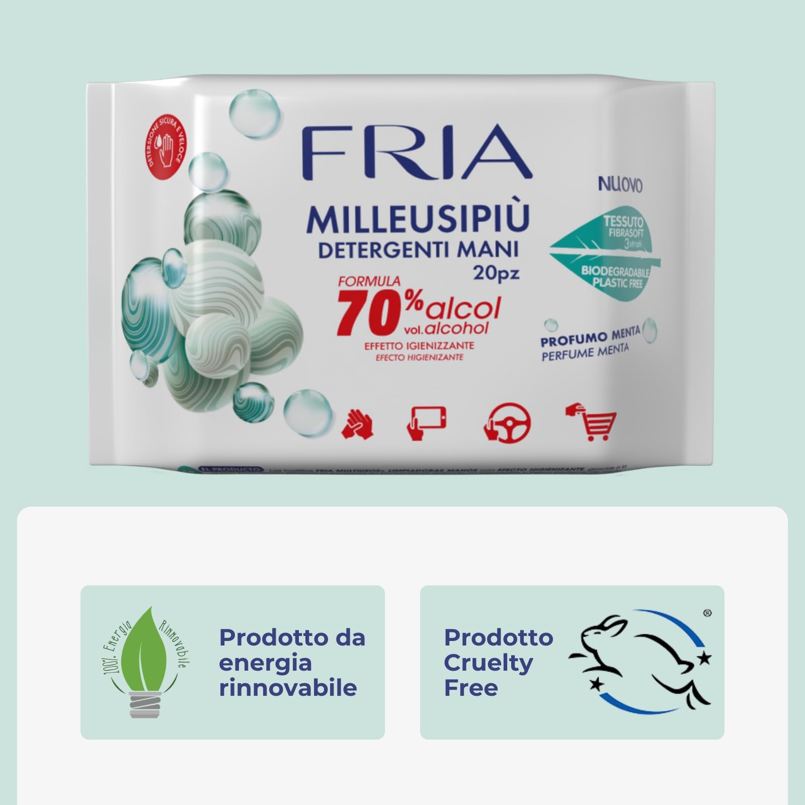 Fria MilleusiPiù Igienizzanti, Salviette Detergenti con Formula Igienizzante al 70% di Alcol, Tessuto Fibrasoft 3 Strati Biodegradabile, Confezione da 20 Salviette
