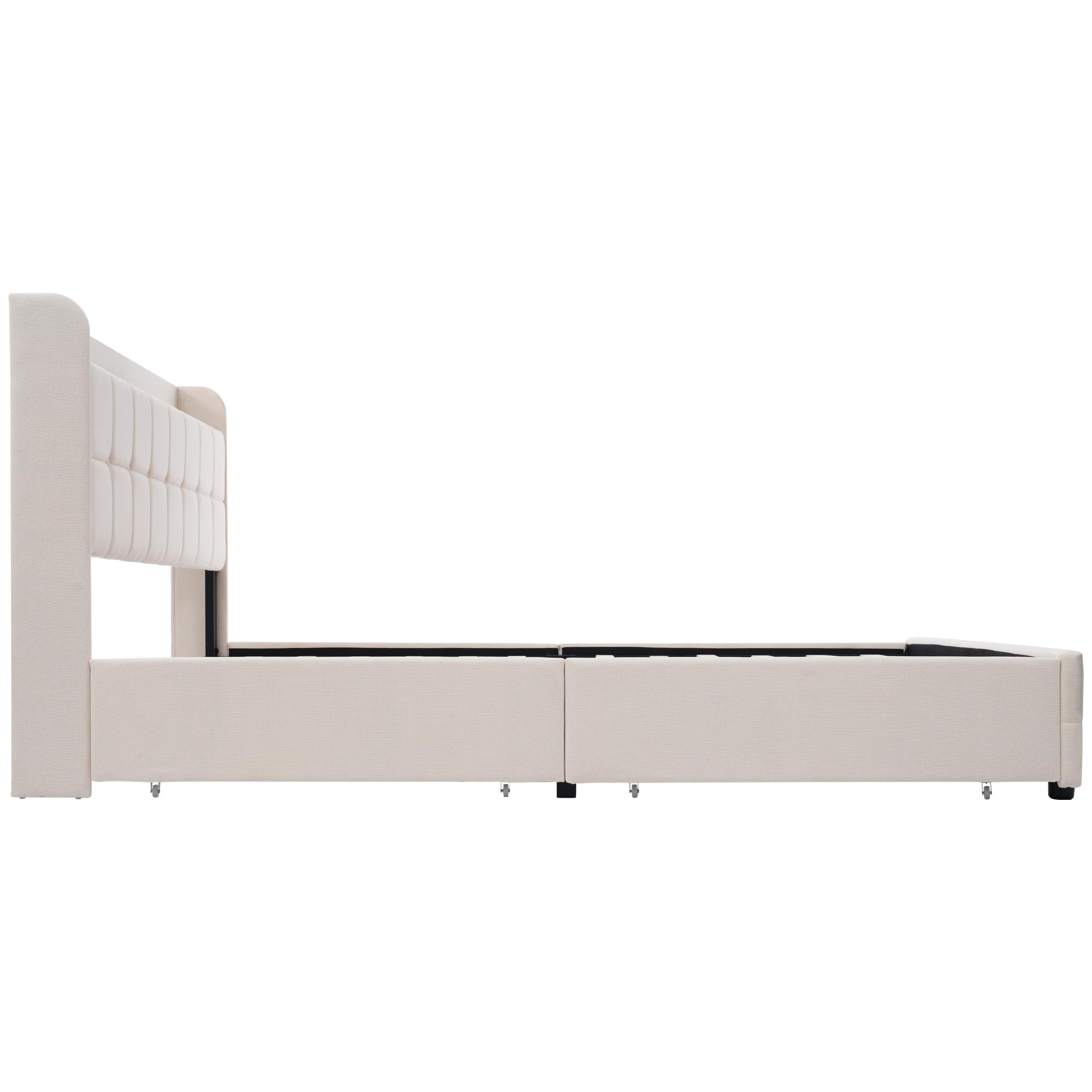 GeRRiT Lit 2 Personnes 160 x 200 cm Avec Éclairage LED, Tête de Lit Avec Chargement USB, 4 Tiroirs, Sommier à Lattes en Bois (Matelas Non Inclus) (Beige)