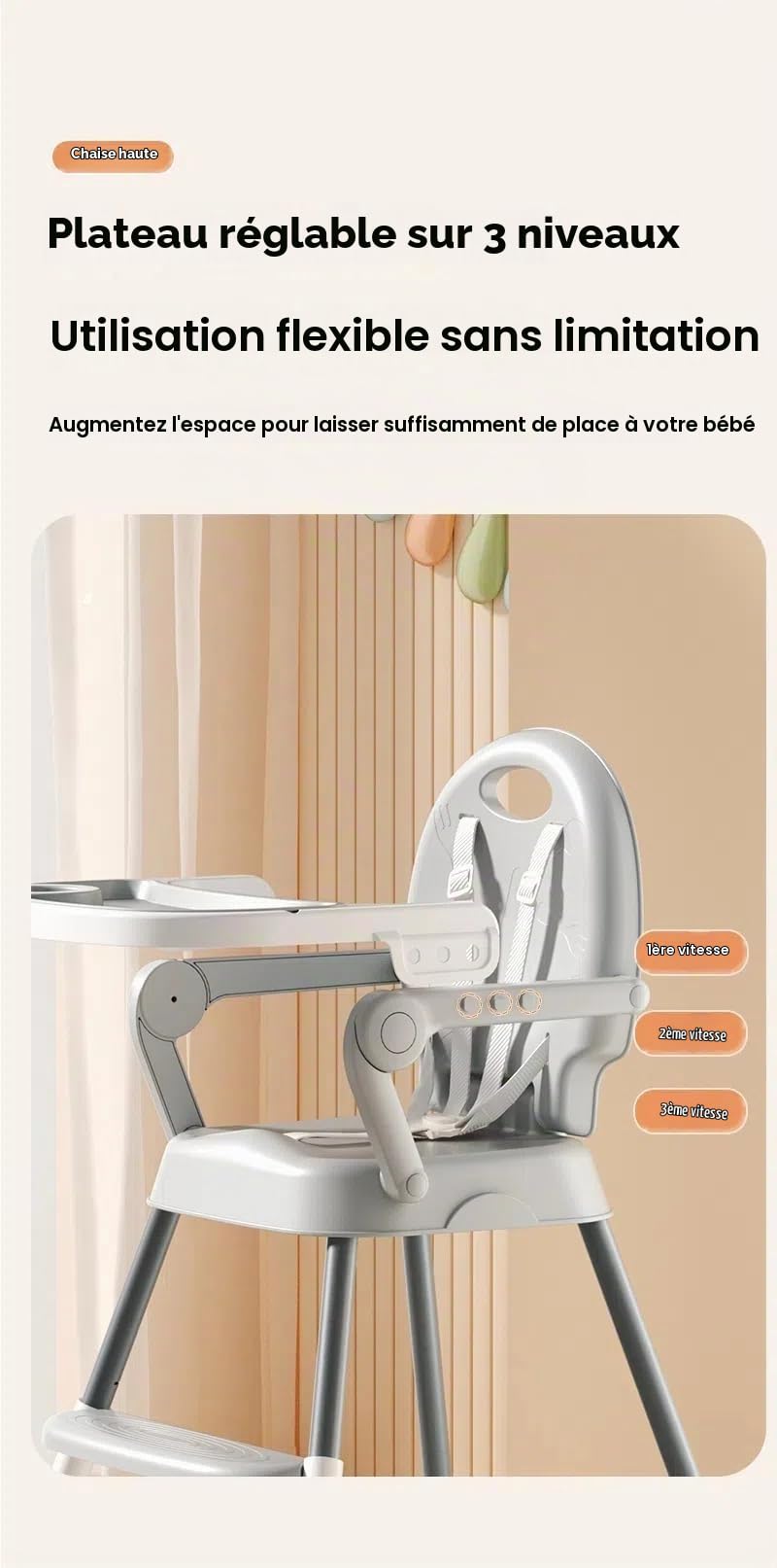 MoLi Chaise Haute Bébé avec Trois Modes, Chaise Haute pour Bébés et Tout-petits, Réglable et Facile à Plier Chaises Hautes, Chaises Bébé avec Pédale Antidérapante (8123 Grey)