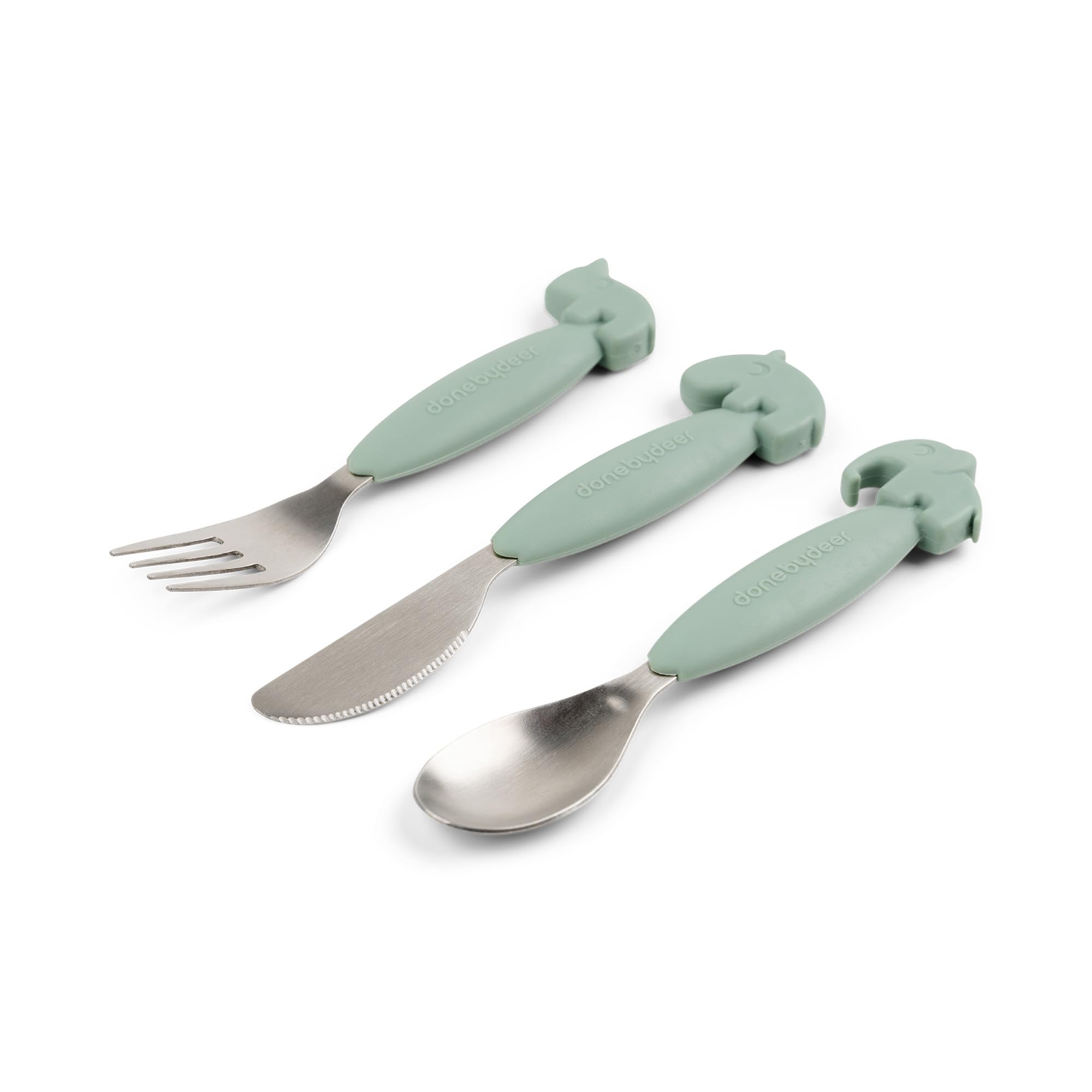 Done by Deer Easy Grip Set Couvert Bebe et Enfant (Cuillère, Fourchette, Couteau pour Bébé) - Ergonomique - Manches en Silicone Antidérapant - Passe au Lave-Vaisselle