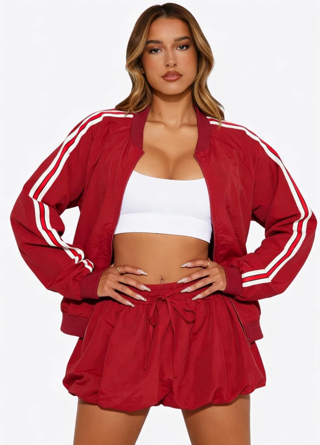 Women's 2 Piece Sets Causal Zipper Workout Jacket and Drawstring Bubble Skirt Skort Athletic Sweatsuits Outfits Sets - Image 3