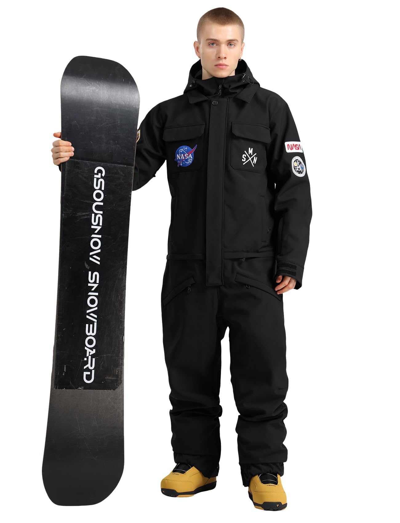 GSOU SNOW Combinaison de Ski/Snowboard Homme, Ample Baggy Multi-Poches à Capuche Imperméable Coupe-Vent Respirante Chaude