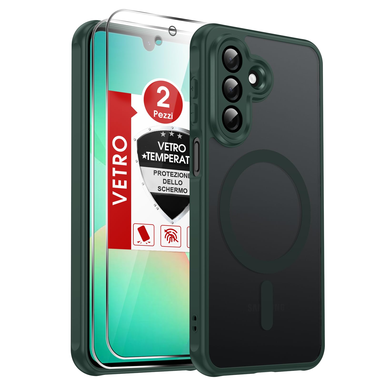 LeYi Cover Magnetica per Samsung Galaxy A27 5G con Vetro Temperato(Verde) | Custodia per A 27 Traslucida Opaca Anti-Impronte Resistente ai Graffi Paraurti in TPU Antiurto Protettiva Case