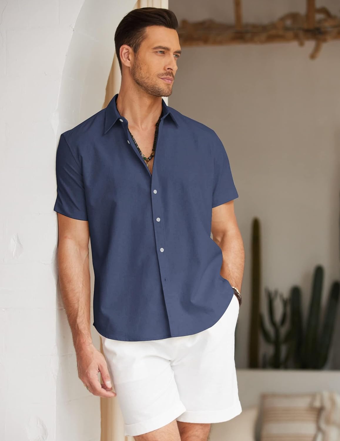 COOFANDY Mens Linen Casual Short Sleeve Shirt Button Down Summer Beach Shirts XX-Large Navy Blue image 3 of 5 B0BKFMP1SQ