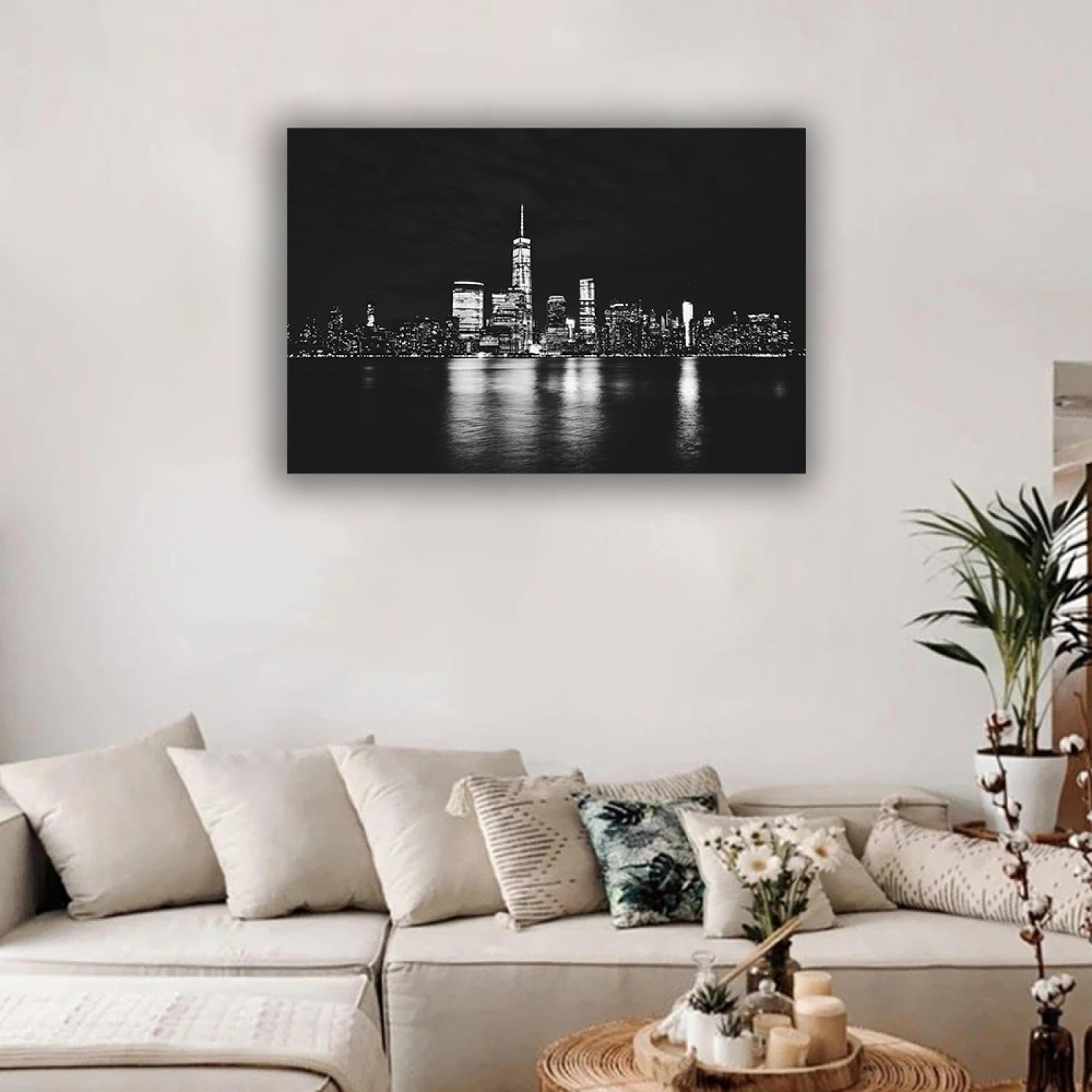 Stadtbild Wandkunst Schwarz-Weiß-Gebäude Panorama Druck auf Leinwand landschaftsbilder Modernes Kunstwerk für Wohnzimmer 70 x 105 cm gerahmt