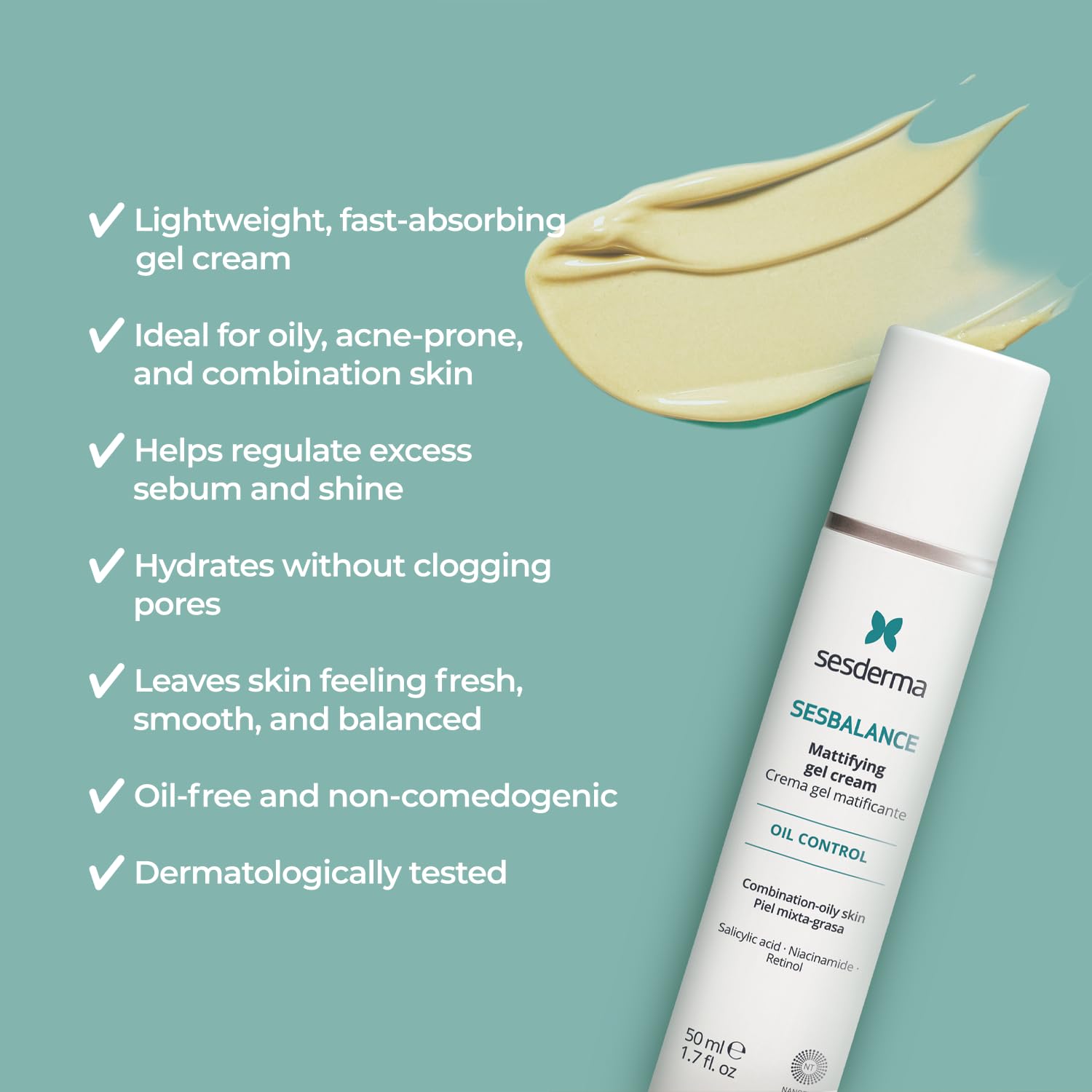 Sesderma SESBALANCE Gel Cream | Lightweight Hydrating Gel for Oily & Combination Skin 1.7 fl. Oz