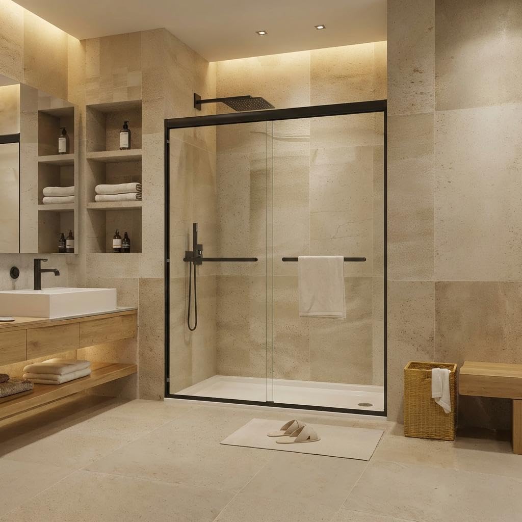 Double Sliding Shower Door, 56-60 Inches Wide x 72 Inches High, 6mm Tempered Glass with Smooth Glide System, Frameless Design for Contemporary Bathroom Renovation