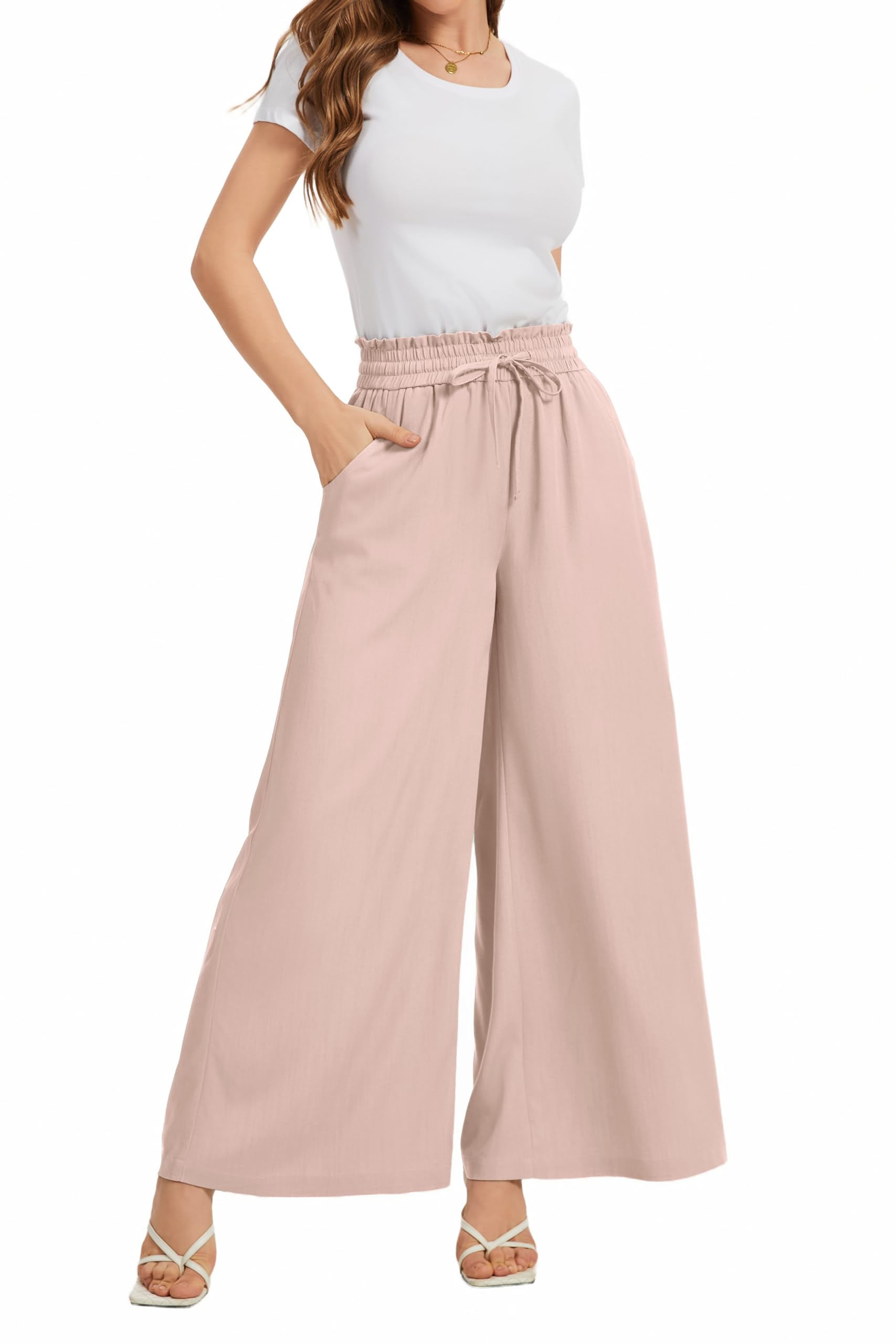 Palazzo Wide Leg Casual Pants Women Elastic Drawstring Ruffle Waisted Dress Summer Pants