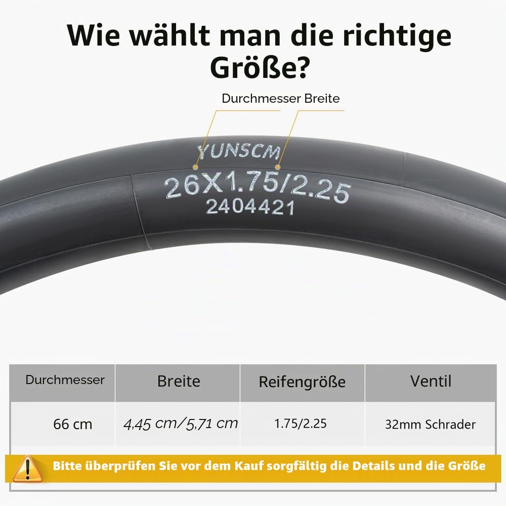 YunSCM 2PCS 45/57-559 Verdickter 26 Zoll Schlauch 26x1.75 26x1.95 26x2.0 26x2.10 26x2.125 26x2.25 AV32mm Valve kompatibel 26Zoll Fahrradschlauch/E-Fahrrad/Mountainbike 26x1.75/1.95/2.10/2.125/2.25