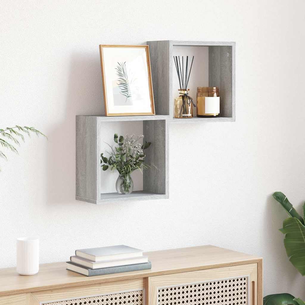 Set di 2 scaffali a cubo Sonoma grigio 30 x 15 x 30 cm, mensole da parete in legno sospese per soggiorno, camera da letto, ufficio, salvaspazio