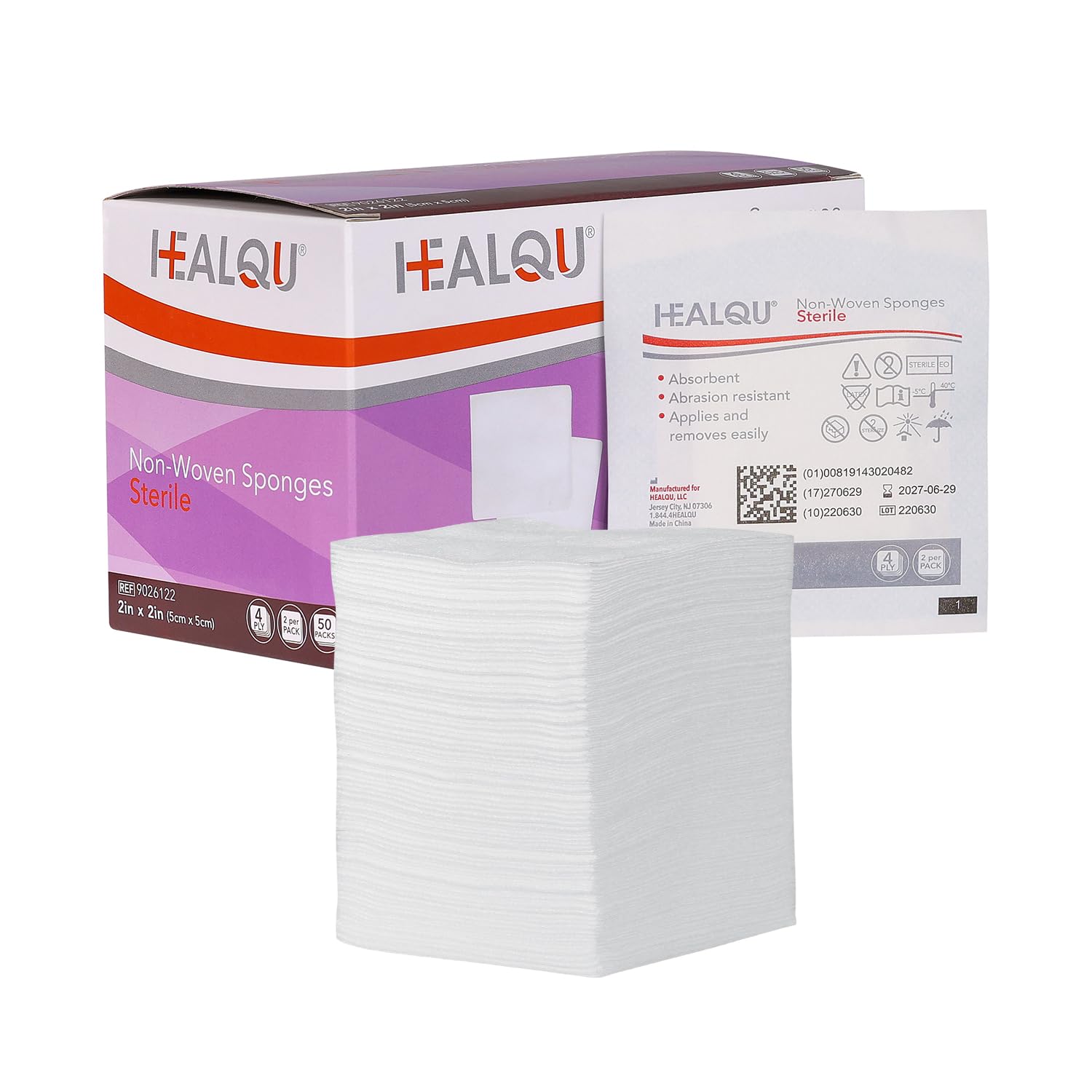 HEALQU 2x2 Gauze Pads Sterile - 100 Non-Stick Gauze Pads - (50 Packs of 2 Pads), Non Woven Gauze Sponges - Super Absorbent Medical Gauze Sponges for Wounds Bulk, First Aid Kits, Medical Facilities