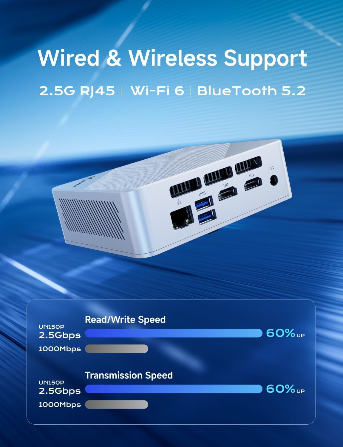MINISFORUM UN150P Mini PC, N150 4C/4T Processor up to 3.6GHz, 16GB