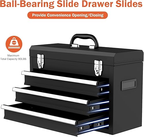 Miniatura 5 de Caja de herramientas de metal portátil, caja de herramientas de acero con 3 cajones con bandeja de almacenamiento superior y asa de transporte,