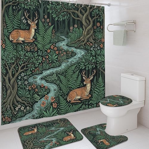 Rideau de douche cerf et tapis assorti en polyester vert automne pour salle de bain rustique - 2