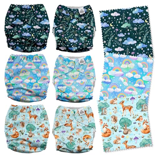 Image of Mama Koala 6 Pack Reusable Cloth Diapers 3.0 for Babies Girls Newborn, One-Size Adjustable Baby Diaper, Durable Stitching, Back Opening for Inserts, Breathable Awj Lining, Leak Prevention-Forest & Sky
