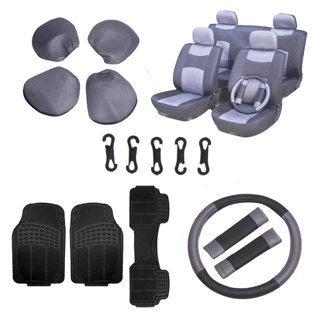 SCITOO 11-PCS Gray/Black Mesh Car Seat Covers W/Belt Pads/Steering Wheel Cover Front Rear Black Car Floor Mats for Most Cars